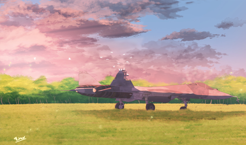 aircraft airplane bird blue_sky cloud cloudy_sky day fighter_jet forest grass grasslands highres jet line4x military military_vehicle nature no_humans original scenery shadow sky su-57 thrusters tree wheel