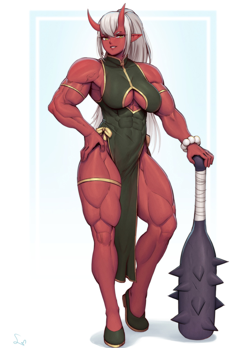 2023 abs absurd_res asian_clothing asian_mythology biceps breasts chinese_clothing chinese_dress clothed clothing club_(weapon) deltoids demon dress east_asian_clothing east_asian_mythology female grey_hair hair hi_res horn humanoid humanoid_pointy_ears japanese_mythology melee_weapon muscular muscular_female mythology not_furry oni quads red_body red_skin solo speedl00ver vein weapon yokai