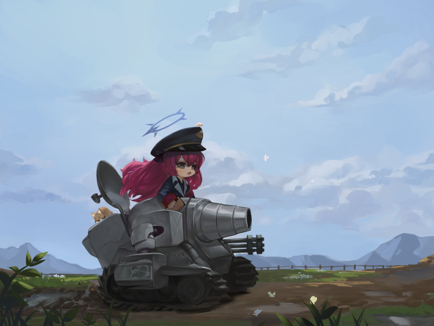 1girl :d animal armband black_bow black_headwear black_jacket black_shirt blue_archive blue_sky book bow bug butterfly cannon cat caterpillar_tracks chibi cloud commentary_request day dokomon fence floating_hair flower gatling_gun grass grey_eyes hair_between_eyes halo hat highres holding holding_book iroha_(blue_archive) jacket korean_commentary long_hair looking_away military military_vehicle motor_vehicle outdoors peaked_cap purple_hair shirt sky smile solo tank very_long_hair white_flower