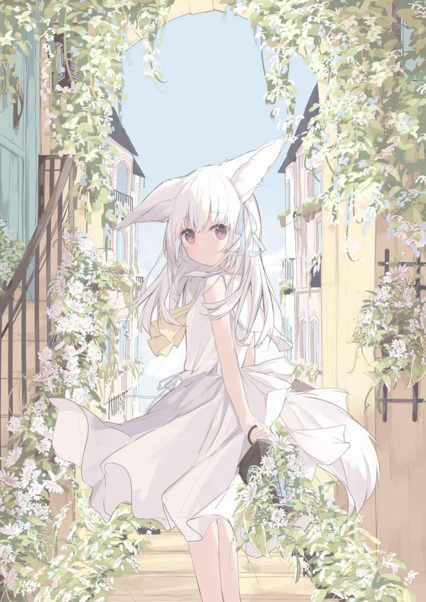 1girl animal_ears bare_arms bare_shoulders blue_ribbon blue_sky bow building closed_mouth commentary_request day dress flower from_side hair_ribbon highres holding holding_lantern kushida_you lantern long_hair looking_at_viewer looking_to_the_side original outdoors red_eyes ribbon sky sleeveless sleeveless_dress smile solo tail white_bow white_dress white_flower white_hair window