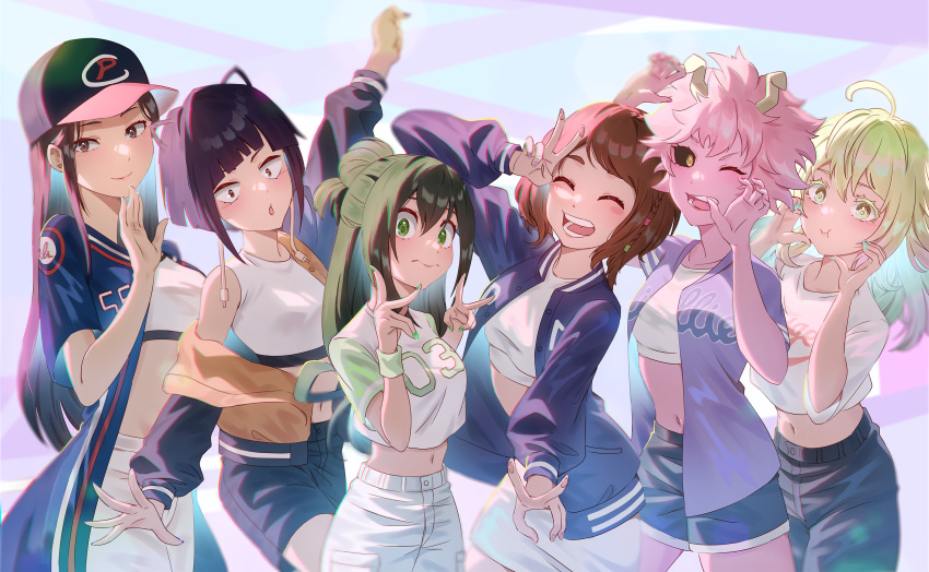 6+girls ahoge arm_up ashido_mina asui_tsuyu baseball_cap baseball_jersey black_eyes black_hair black_pants black_sclera black_shorts boku_no_hero_academia closed_eyes closed_mouth colored_sclera colored_skin crop_top double_v green_eyes green_hair green_nails hagakure_tooru hair_bun hands_up hat highres horns jacket jirou_kyouka letterman_jacket long_hair looking_at_viewer matsumotoshinnnosuke medium_hair multiple_girls navel one_eye_closed open_mouth pants pink_skin shirt short_hair shorts skirt sleeveless thick_eyelashes unusually_visible uraraka_ochako v white_shirt white_skirt yaoyorozu_momo yellow_eyes