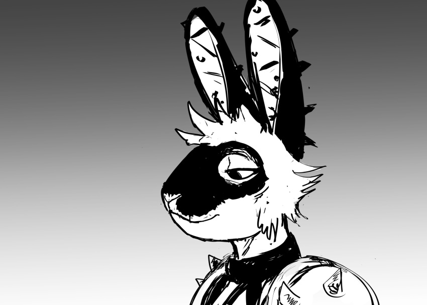 2023 anthro bethesda_softworks black_and_white bodypaint face_paint fallout female gradient_background hi_res hladilnik lagomorph leporid mammal monochrome pro_bun_(hladilnik) rabbit raider_(fallout) simple_background solo