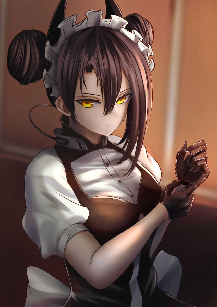 1girl 6256256 absurdres adjusting_clothes adjusting_gloves agent_(girls'_frontline) black_gloves black_hair breasts closed_mouth double_bun dress expressionless girls'_frontline gloves hair_between_eyes hair_bun highres horns indoors large_breasts long_hair looking_at_viewer maid maid_headdress puffy_short_sleeves puffy_sleeves sangvis_ferri shirt short_sleeves solo upper_body white_shirt yellow_eyes