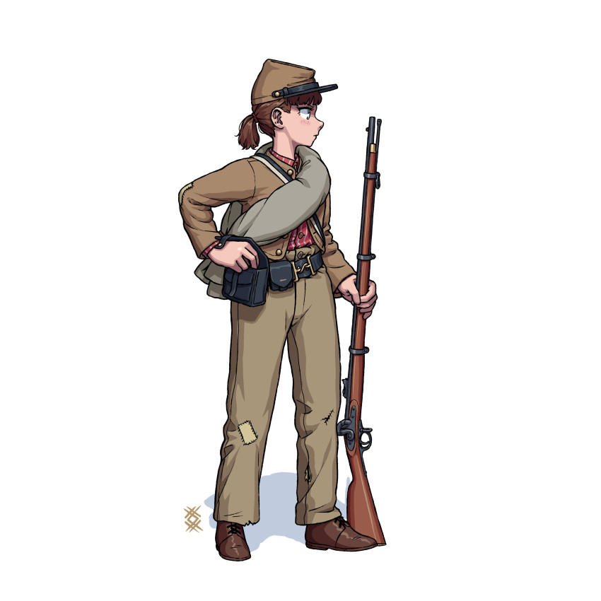 1girl absurdres american_civil_war ammunition_pouch antique_firearm belt blush boots brown_footwear brown_hair brown_headwear brown_jacket brown_pants buttons commentary confederate_states_of_america firelock flintlock full_body gun hat highres holding holding_gun holding_weapon jacket kepi long_sleeves looking_ahead military military_hat military_uniform musket original ostwindprojekt pants patch patchwork_clothes ponytail pouch red_shirt shadow shirt simple_background soldier solo striped striped_shirt uniform weapon white_background