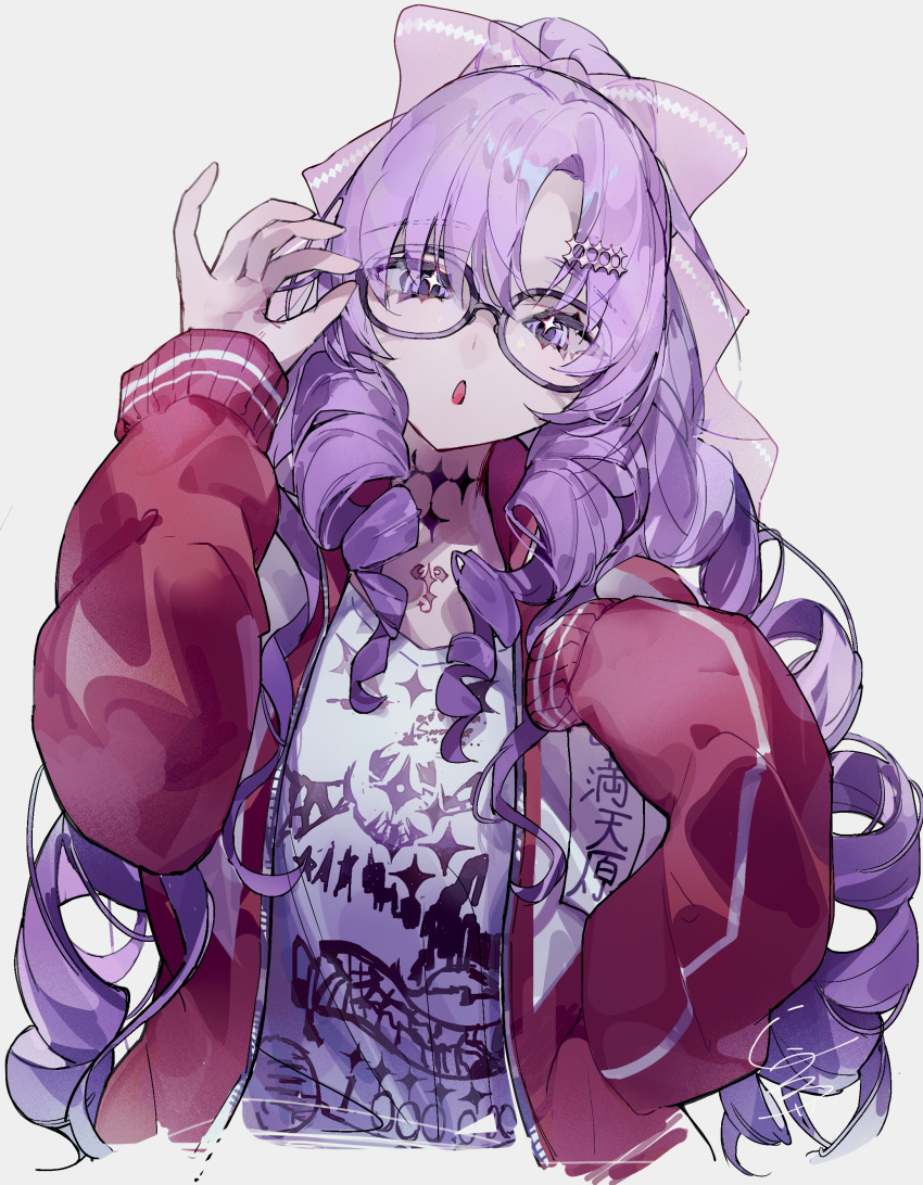 1girl absurdres adjusting_eyewear black-framed_eyewear bow drill_hair glasses hair_bow hair_ornament hairclip highres hyakumantenbara_salome hyakumantenbara_salome_(2nd_costume) jacket long_hair long_sleeves name_tag nijisanji official_alternate_costume pink_bow purple_eyes purple_hair red_jacket shirt siuroi solo track_jacket virtual_youtuber white_shirt