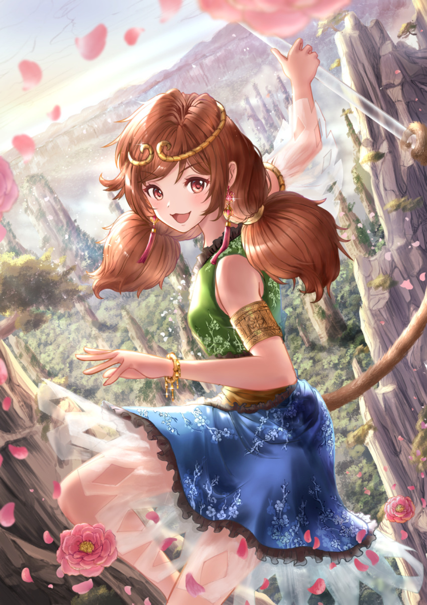1girl arm_up bare_legs bare_shoulders bicep_strap blue_skirt brown_eyes brown_hair double_bun dress earrings floral_print flower forest frilled_dress frills gold_hairband green_dress hair_bun hair_ornament hairband hand_up highres holding holding_staff holding_weapon jewelry monkey_tail mountainous_horizon multicolored_clothes nature open_mouth petals prehensile_tail skirt sky solo son_biten staff sunlight tail tanaka_fumiko tongue touhou unfinished_dream_of_all_living_ghost weapon wristband yellow_dress