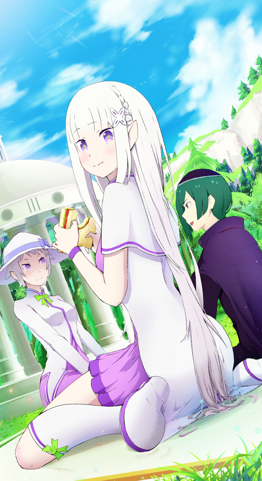 1boy 2girls absurdres bare_shoulders braid cape dress elf emilia_(re:zero) flower food fortuna_(re:zero) green_hair grey_hair hair_flower hair_ornament hair_ribbon highres liteknight long_hair looking_at_viewer multiple_girls official_style parody petelgeuse_romaneeconti picnic pointy_ears purple_eyes purple_ribbon re:zero_kara_hajimeru_isekai_seikatsu ribbon sandwich short_hair style_parody white_flower white_hair x_hair_ornament