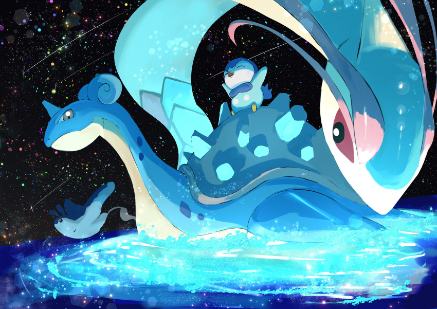 ^_^ absurdres afloat animal_focus black_eyes bright_pupils closed_eyes colored_sclera highres horns lapras mantyke meteor_shower milotic night no_humans open_mouth piplup pokemon pokemon_(creature) red_sclera shell single_horn star_(sky) water white_pupils zeroartwo