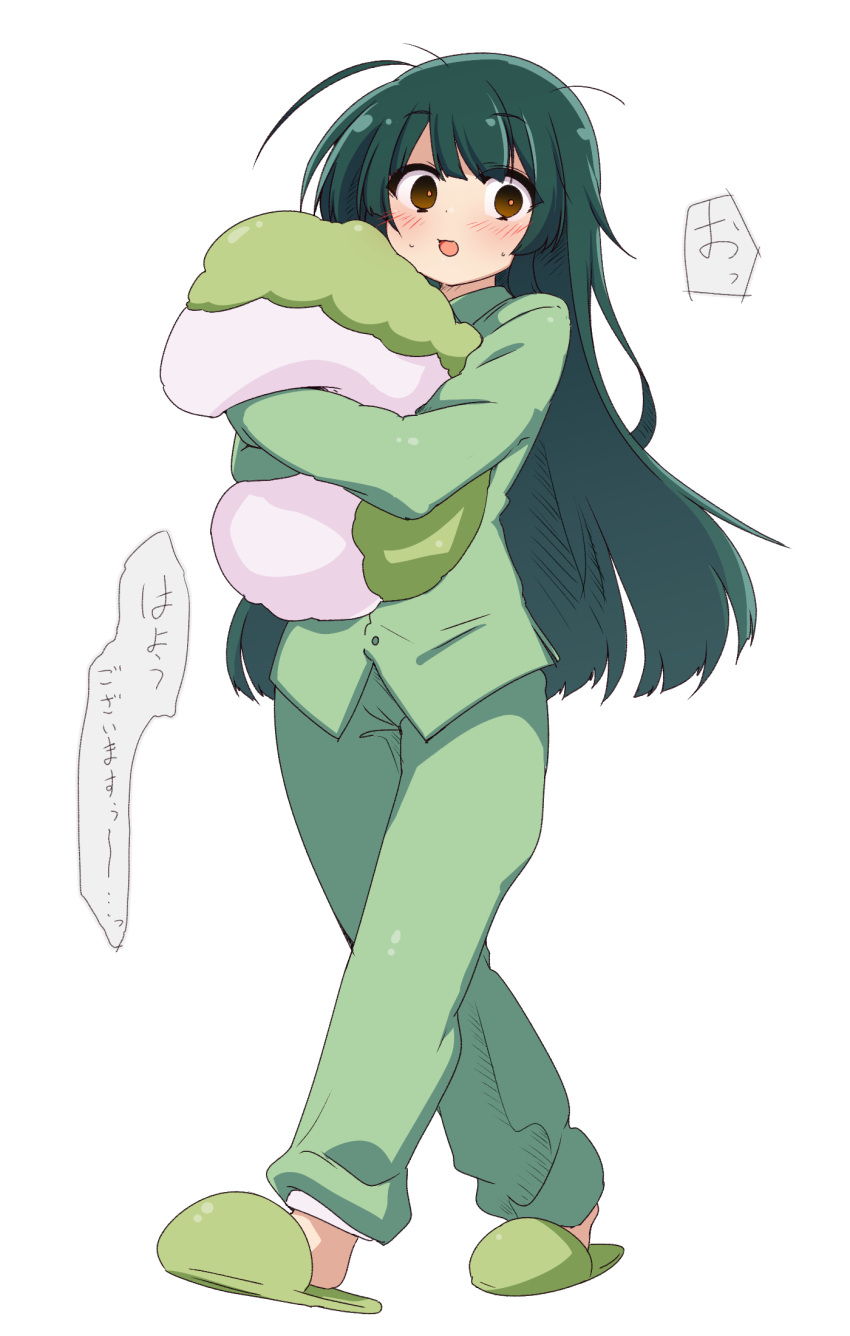 1girl ahoge alternate_costume black_eyes blush commentary_request food-themed_pillow full_body green_footwear green_hair green_pajamas highres hugging_object kasukeomote long_hair long_sleeves looking_at_viewer messy_hair open_mouth pajamas pillow pillow_hug slippers smile solo speech_bubble touhoku_zunko translation_request voiceroid waking_up walking white_background wide-eyed zunda_mochi