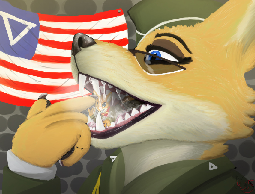 2023 absurd_res anthro anthro_pred bodily_fluids canid canine canis clothed clothing detailed_shading digital_drawing_(artwork) digital_media_(artwork) duo eyewear female fox fur geumsaegi glasses hat headgear headwear hi_res larger_pred lt._fox_vixen male mammal military_uniform mouth_play open_mouth oral_vore rodent saliva sciurid sek_studio sek_studios shaded simple_background size_difference squirrel_and_hedgehog tongue tree_squirrel uniform uwo5 vore