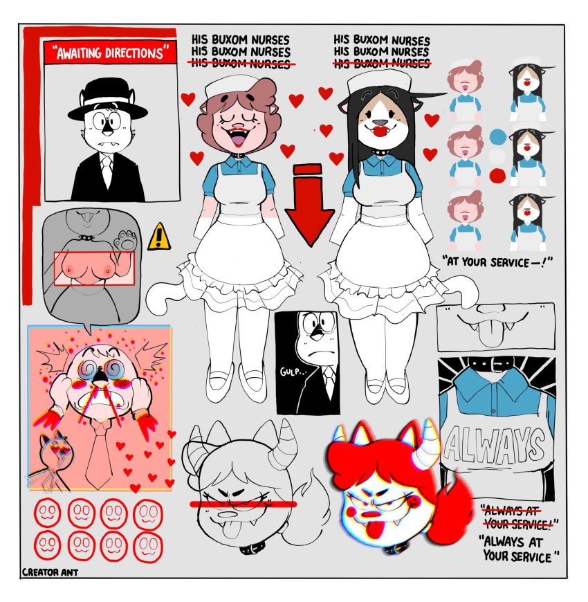 &lt;3 accessory ambiguous_gender amy_(creator_ant) anthro apron arrow_sign blood bodily_fluids breasts clothed clothing costume creator_ant domestic_cat felid feline felis female group hair hi_res horn long_hair male mammal nipples nosebleed short_hair simple_background suit text tongue tongue_out x-ray_vision