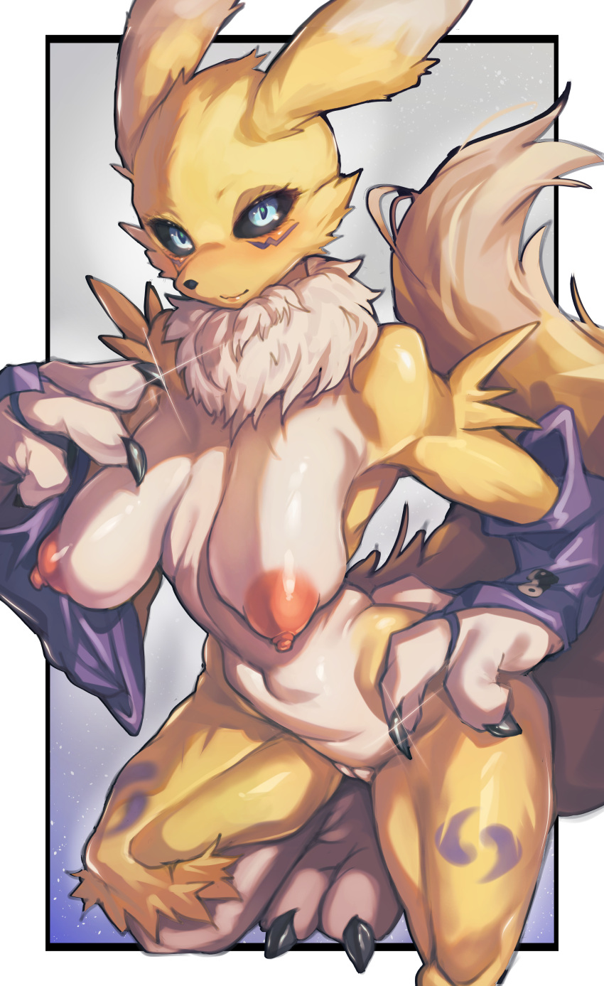 absurd_res anthro bandai_namco blue_eyes blush breasts canid canine claws digimon digimon_(species) female finger_claws fur genitals hi_res iepelppa looking_at_viewer mammal mostly_nude multicolored_ears nipples pussy renamon solo toe_claws yellow_body yellow_fur