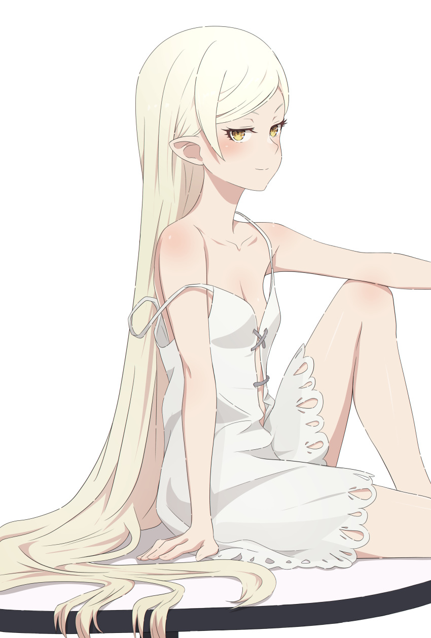 1girl absurdres bangs bare_shoulders blonde_hair breasts camui1104 closed_mouth commentary dress highres kiss-shot_acerola-orion_heart-under-blade kizumonogatari knee_up long_hair looking_at_viewer monogatari_(series) oshino_shinobu parted_bangs pointy_ears simple_background sitting sleeveless sleeveless_dress small_breasts smile solo strap_slip very_long_hair white_background white_dress yellow_eyes