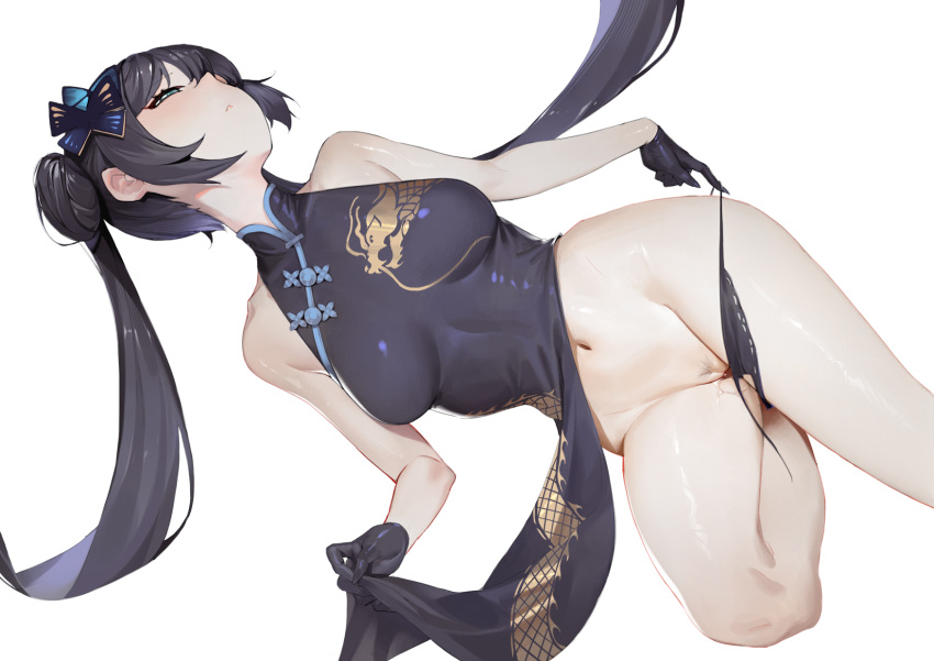1girl alternate_breast_size armpit_crease black_dress black_gloves black_hair blue_archive blue_eyes breasts butterfly_hair_ornament china_dress chinese_clothes clothing_aside double_bun dress dress_aside female_pubic_hair gloves hair_bun hair_ornament half_gloves highres kisaki_(blue_archive) large_breasts lcy_bingzi long_hair looking_up narrowed_eyes navel panties panties_around_one_leg profile pubic_hair pulled_by_self pussy pussy_juice pussy_juice_trail sleeveless sleeveless_dress solo stomach thighs twintails underwear very_long_hair