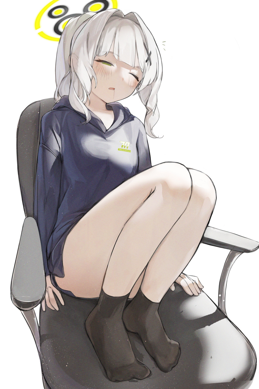 1girl absurdres ass black_hoodie black_socks blue_archive blush chair full_body green_eyes grey_hair halo hare_(blue_archive) highres hood hood_down hoodie kapo long_hair long_sleeves one_eye_closed open_mouth ponytail simple_background sitting socks solo white_background