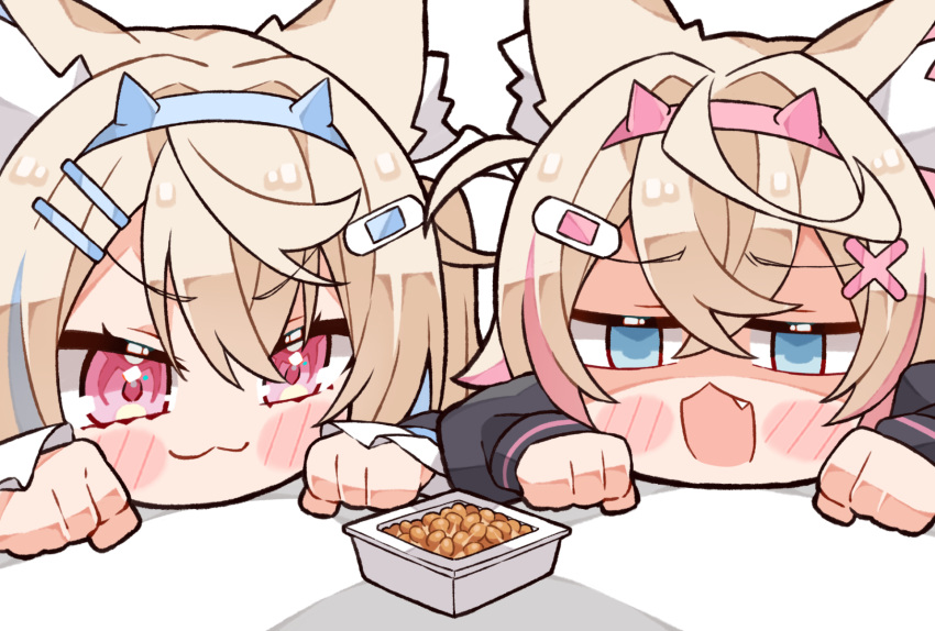 2girls :3 animal_ear_fluff animal_ears black_jacket blonde_hair blue_eyes blue_hair blush chibi dog_ears dog_girl food fuwawa_abyssgard hair_ornament hairpin highres hololive hololive_english jacket kukie-nyan looking_at_viewer medium_hair mococo_abyssgard multicolored_hair multiple_girls nattou open_mouth pink_eyes pink_hair siblings sidelocks sisters smile streaked_hair twins two_side_up virtual_youtuber x_hair_ornament