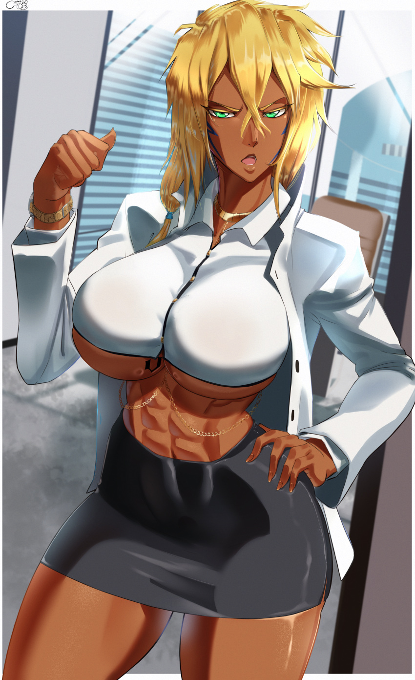 1girl 2023 abs absurdres black_skirt bleach blonde_hair border breast_tattoo breasts castell collared_shirt contrapposto cropped_shirt dark-skinned_female dark_skin english_commentary facial_mark fingernails green_eyes hair_between_eyes hand_on_own_hip hand_up highres jacket jewelry large_breasts long_hair looking_at_viewer miniskirt navel necklace office_lady open_mouth pencil_skirt shirt signature skirt solo tattoo thighs tier_harribel toned underboob watch white_border white_jacket white_shirt wristwatch