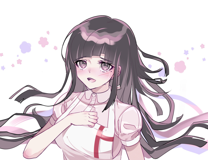 1girl :d apron bandages black_hair blush breasts collared_shirt commentary_request danganronpa_(series) danganronpa_2:_goodbye_despair hand_up highres large_breasts long_hair looking_at_viewer messy_hair mole mole_under_eye open_mouth pink_shirt shirt short_sleeves smile solo striped tears teeth tsumiki_mikan upper_body upper_teeth_only white_background yomu_(dangan_yomu)