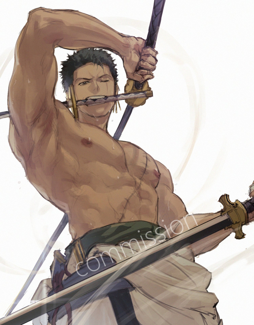 1boy abs armpits bara commission cowboy_shot green_hair highres holding holding_sword holding_weapon male_focus nipples one_eye_closed one_piece open_mouth pants pectorals rokuhashi_8 roronoa_zoro scar scar_across_eye scar_on_chest short_bangs short_hair simple_background solo sword topless_male weapon white_background white_pants