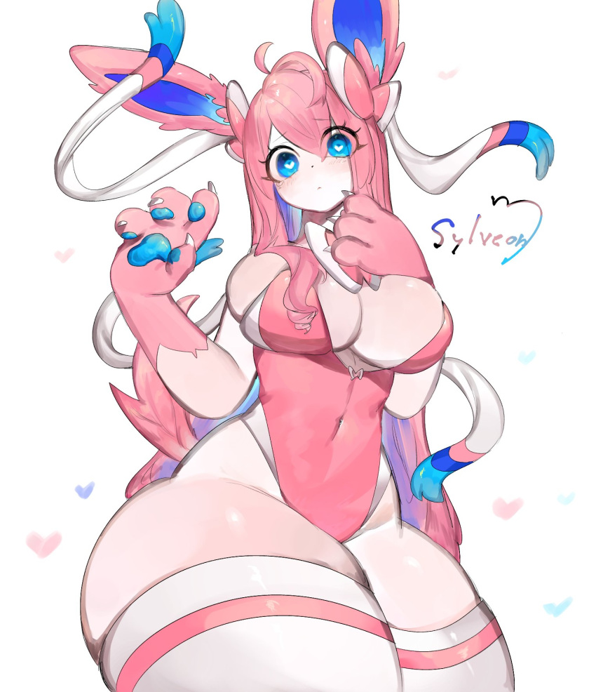 anthro big_breasts big_legs blue_eyes breasts bunny_costume clothed clothing costume eeveelution female generation_6_pokemon hair hi_res long_hair looking_at_viewer nintendo pink_body pink_hair pokemon pokemon_(species) simple_background solo sylveon togetoge