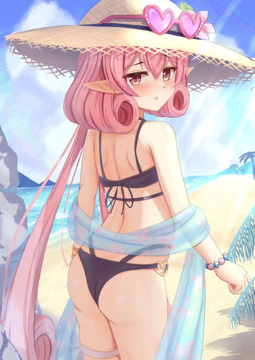 beach blush curly_hair hat highres i_tamima long_hair looking_at_viewer neneka_(princess_connect!) outdoors pink_eyes pink_hair princess_connect! sun_hat sunglasses swimsuit very_long_hair