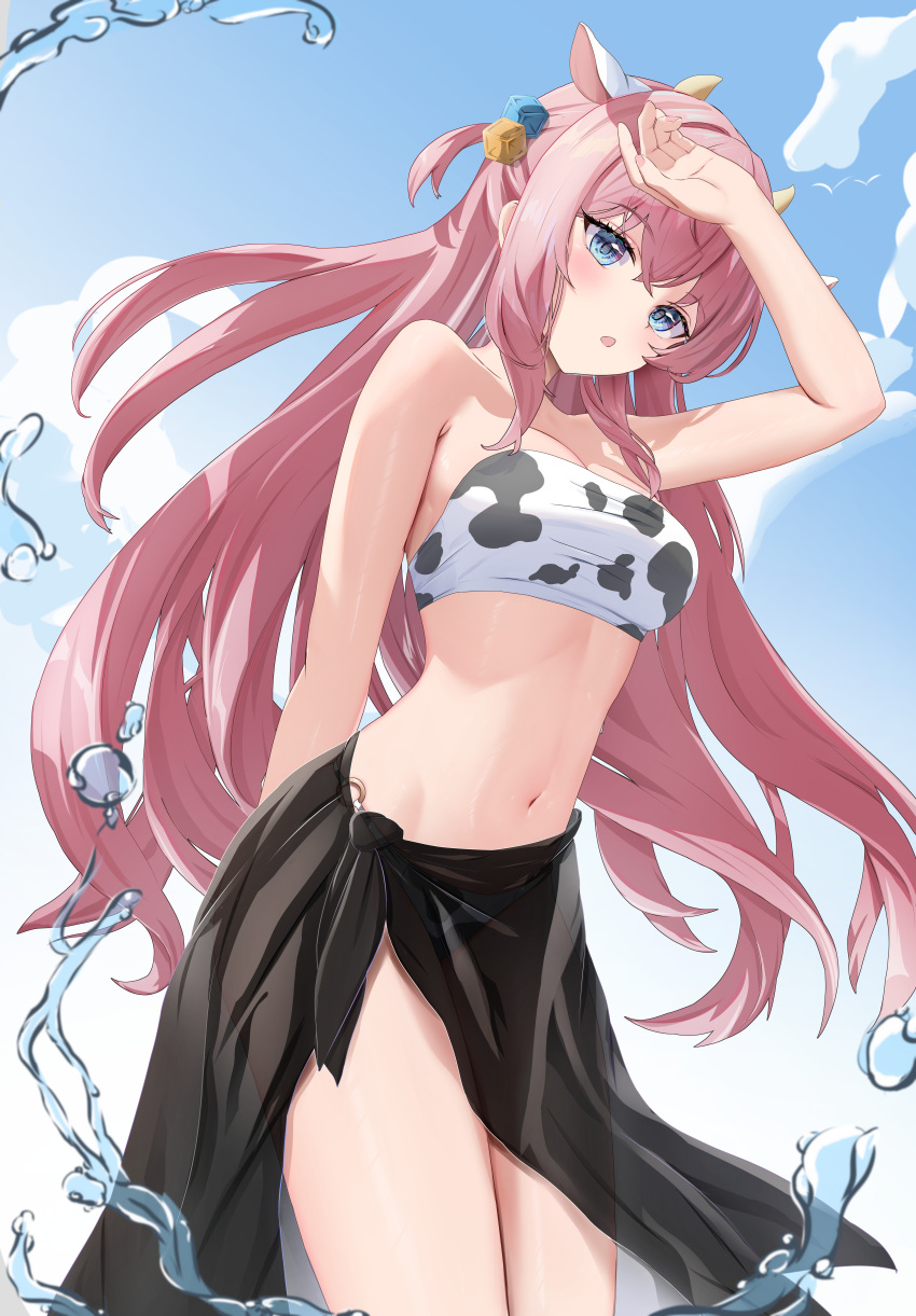 1girl absurdres animal_ears animal_print bikini blue_sky blush bocchi_the_rock! chinese_commentary cloud commentary_request cow_ears cow_horns cow_print cowboy_shot crossed_bangs cube_hair_ornament english_commentary fake_animal_ears fake_horns floating_hair gotou_hitori hair_between_eyes hair_ornament highres horns long_hair looking_at_viewer mixed-language_commentary navel o-ring o-ring_bikini one_side_up open_mouth partial_commentary pharmarr pink_hair see-through shadow sidelocks sky solo stomach strapless strapless_bikini swimsuit very_long_hair water_drop white_bikini