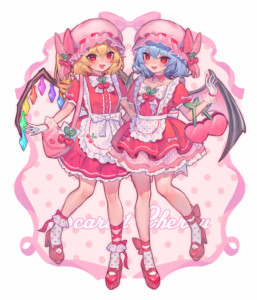 2girls absurdres alternate_costume ankle_bow ankle_ribbon apron back_bow bag bat_wings blonde_hair blue_hair bobby_socks bow bowtie breasts cherry collarbone commentary dress english_commentary english_text enmaided fangs flandre_scarlet food frilled_apron frilled_dress frills fruit full_body gloves hair_between_eyes handbag hat hat_bow hat_ribbon highres layered_dress leg_ribbon looking_at_viewer maid maid_apron mary_janes mob_cap multicolored_wings multiple_girls open_mouth pink_background pink_bag pink_headwear puffy_short_sleeves puffy_sleeves qiu_ju red_bow red_dress red_eyes red_footwear red_ribbon remilia_scarlet ribbon ribbon-trimmed_headwear ribbon_trim shoes short_sleeves siblings simple_background sisters small_breasts smile socks touhou white_apron white_background white_bow white_bowtie white_gloves white_socks wings