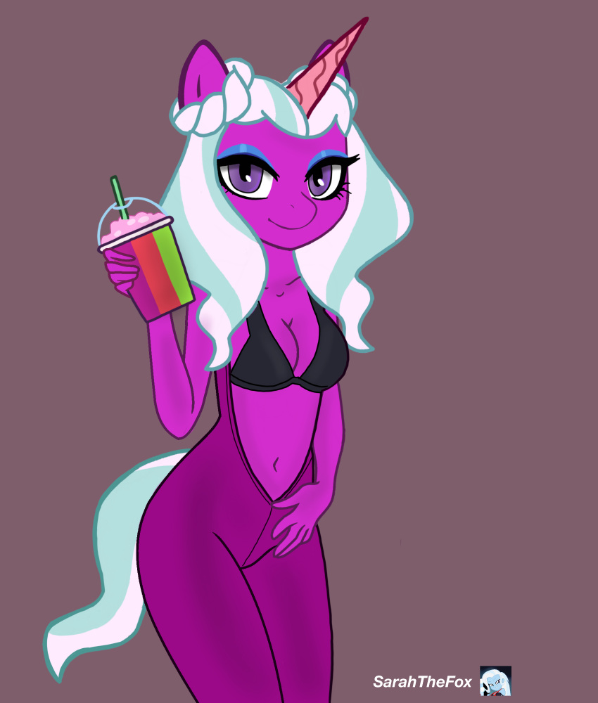 2023 5_fingers absurd_res anthro anthrofied beverage blue_eyeshadow blue_hair bra breasts clothing container cup digital_media_(artwork) equid equine eyeshadow female fingers hair hasbro hi_res holding_object horn humanoid_hands makeup mammal medium_breasts mlp_g5 multicolored_hair my_little_pony navel opaline_(mlp) purple_body purple_eyes purple_skin sarahthefox97 signature smile smoothie standing straw suit two_tone_hair two_tone_tail underwear unicorn unicorn_horn