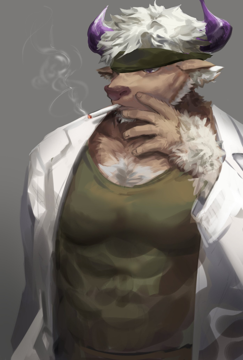 1boy animal_ears bara brown_fur chest_hair cigarette commentary_request covered_abs cow_ears cow_horns facial_hair furry furry_male goatee gradient_background green_tank_top grey_background hand_on_own_face headband highres horns isshiki_(1sshiki) labcoat large_pectorals looking_at_object male_focus minotaur muscular muscular_male pectorals purple_eyes purple_horns shennong_(housamo) short_hair simple_background smoke smoking solo tank_top tokyo_afterschool_summoners upper_body white_hair