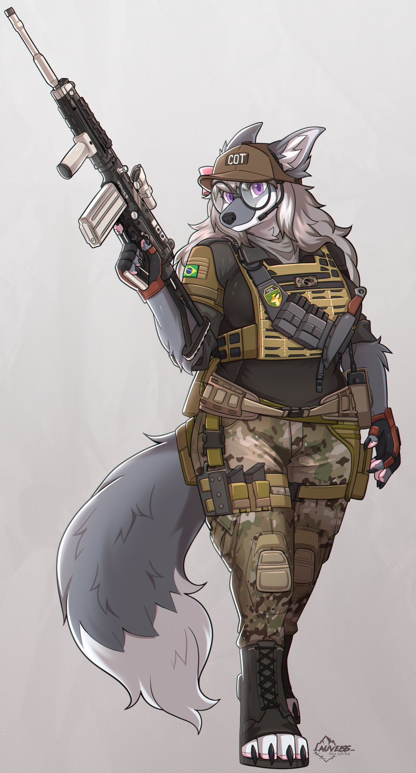 2023 absurd_res anthro assault_rifle auveiss brazilian_flag bulletproof_vest camo canid canine canis clothed clothing eyewear female fingerless_gloves footwear glasses gloves gun handwear hat headgear headwear hi_res knee_pads knife mammal ranged_weapon rifle round_glasses simple_background solo standing toeless_footwear weapon white_background wolf