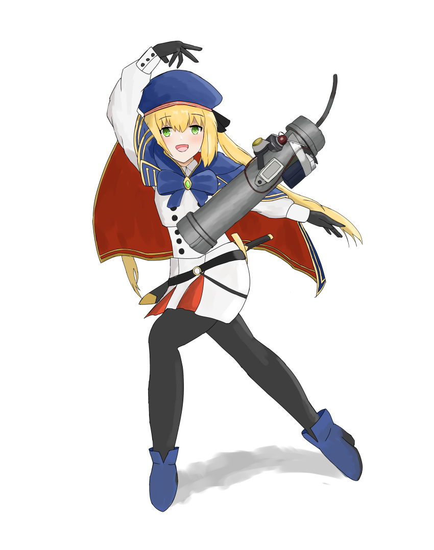 1girl absurdres artoria_caster_(fate) artoria_pendragon_(fate) beret black_gloves blonde_hair blue_cape blush bomb boots buttons cape double-breasted english_commentary explosive fate/grand_order fate_(series) full_body fuse gloves green_eyes hat heel_up highres jacket long_hair looking_at_viewer multicolored_cape multicolored_clothes nicho open_mouth pantyhose pipe_bomb red_cape simple_background smile solo sword sword_behind_back throwing weapon white_background white_jacket