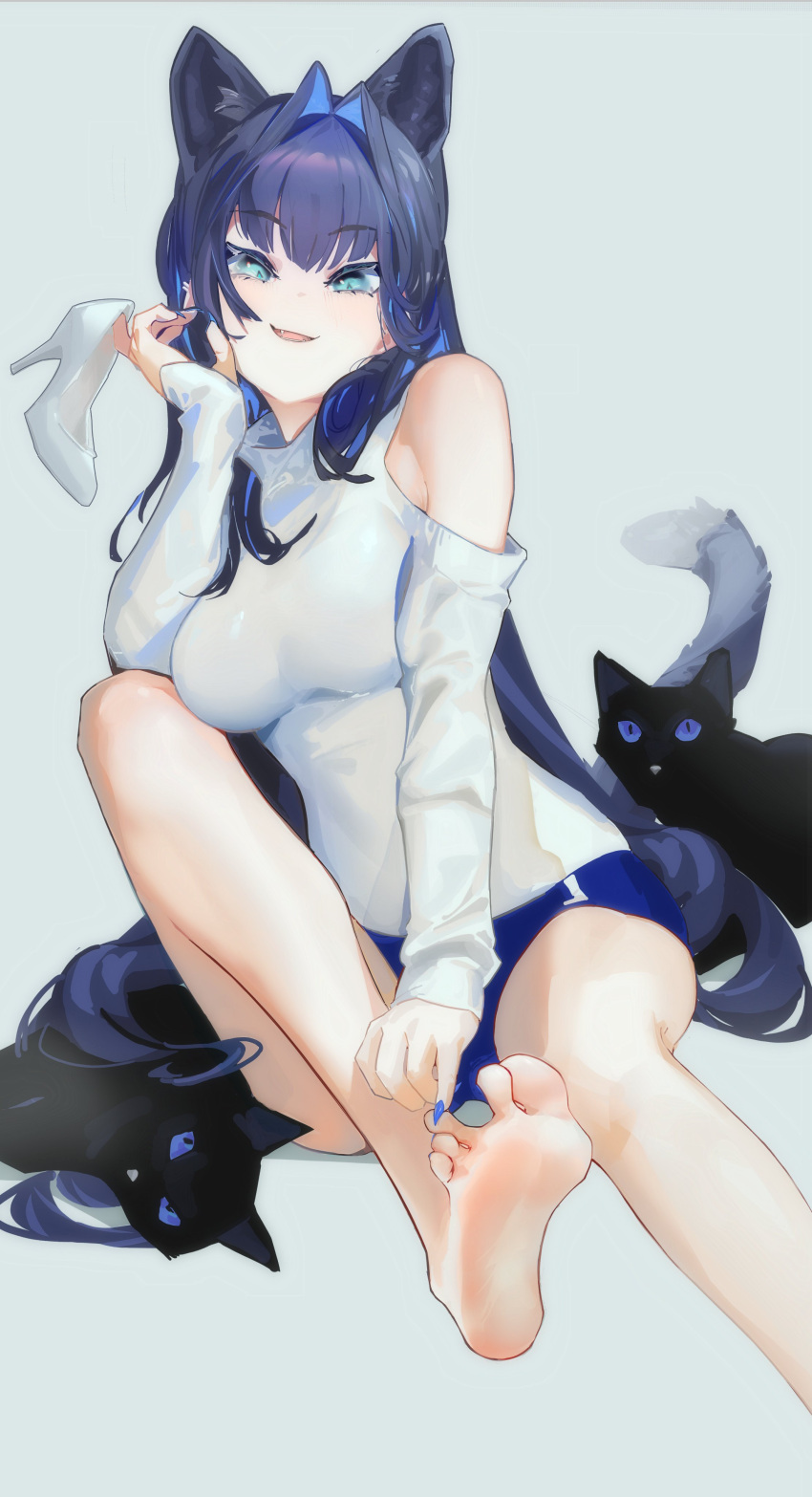 1girl absurdres animal animal_ears bare_shoulders barefoot blue_eyes blue_hair blue_nails blue_pants blunt_bangs breasts cat cat_ears colored_inner_hair ear_piercing fangs feet hair_intakes hand_up highres holding holding_shoes hololive hololive_english large_breasts long_hair long_sleeves multicolored_hair nail_polish official_alternate_costume old_metal_666 ouro_kronii ouro_kronii_(3rd_costume) pants piercing shirt shoes short_shorts shorts simple_background smile soles teeth toes tongue touching_toes turtleneck two-tone_hair very_long_hair virtual_youtuber white_shirt