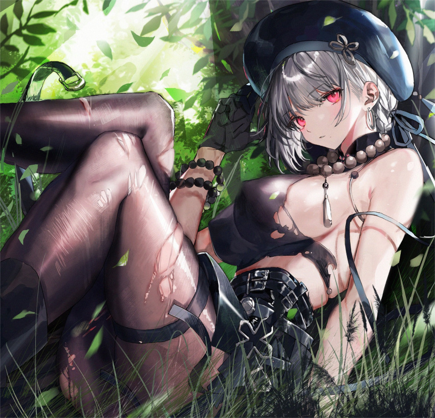1girl black_gloves black_headwear black_pantyhose breasts collar earrings forest gloves grass grey_hair hair_between_eyes hand_on_headwear hand_up hat highres jewelry large_breasts leaf looking_at_viewer nana_tetra nature outdoors pantyhose red_eyes short_hair sitting sleeveless solo sunlight thigh_strap torn_clothes torn_pantyhose tree wuthering_waves