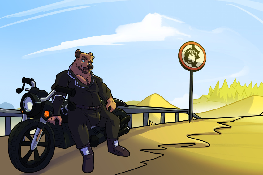 absurd_res anthro bear beard biker clothed clothing facial_hair fully_clothed hi_res male male_anthro mammal motorcycle outside thekinkybear vehicle