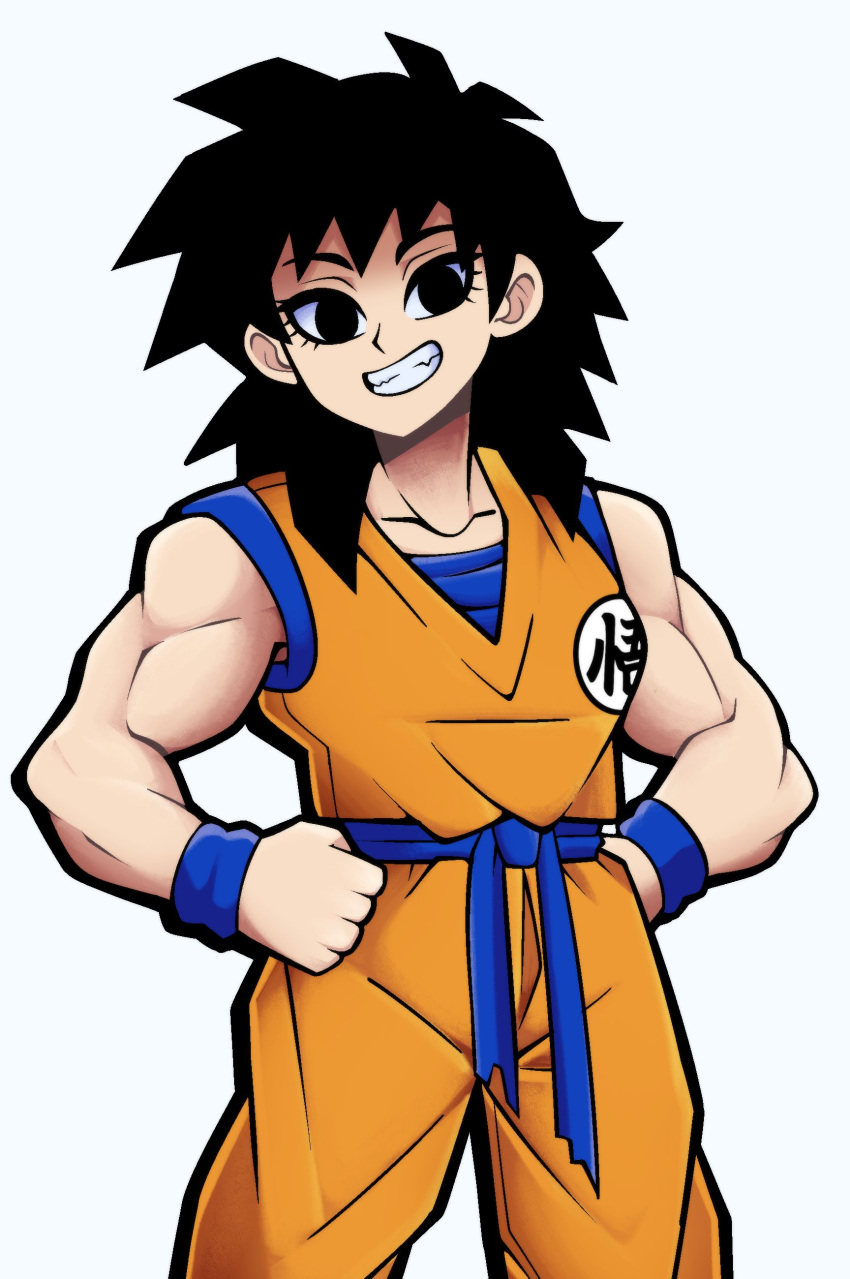 1girl absurdres alternate_muscle_size black_eyes black_hair commentary cosplay dougi dragon_ball dragon_ball_minus dragon_ball_z english_commentary gine grin hands_on_own_hips highres kermittend medium_hair muscular muscular_female smile solo son_goku son_goku_(cosplay) wristband