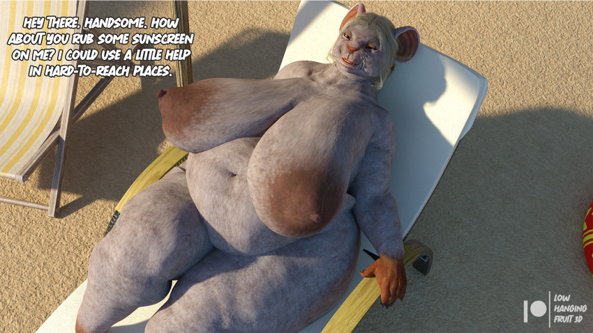 3d_(artwork) anthro areola beach belly big_breasts blonde_hair breasts butt clothing daz3d dialogue digital_media_(artwork) elderly_female english_text female furniture hair hi_res huge_breasts legwear looking_at_viewer lowhangingfruit3d lying mammal marianne_(lhf3d) mature_anthro mature_female mother_(lore) navel nipples nude obese obese_anthro obese_female old on_back overweight overweight_anthro overweight_female parent_(lore) pinup pose rodent seaside solo text thick_thighs thigh_highs wide_hips