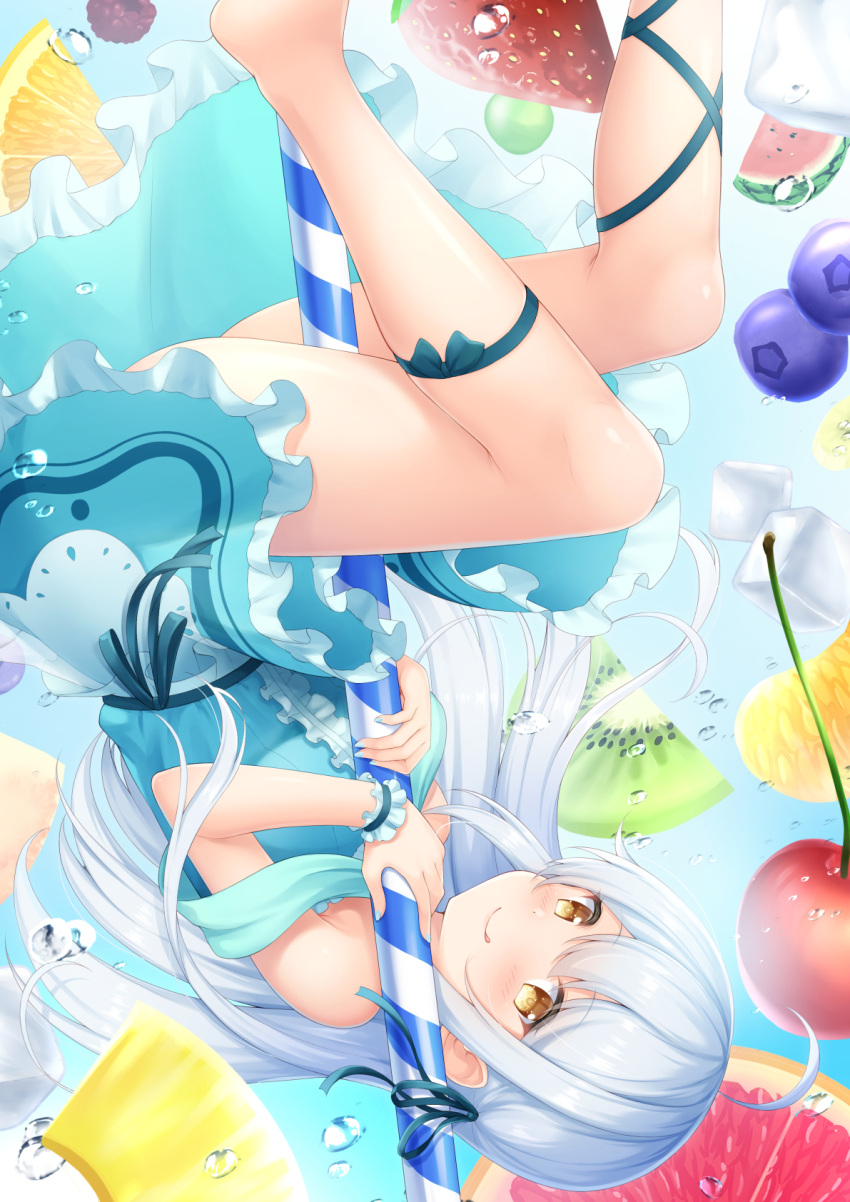 1girl 7fuji_06 ahoge air_bubble bubble cherry dress drinking_straw feet_out_of_frame food frilled_dress frills fruit grapefruit grapefruit_slice hair_ribbon highres ice ice_cube kiwi_(fruit) kiwi_slice leg_ribbon long_hair looking_at_viewer nail_polish orange_(fruit) orange_slice original pineapple pineapple_slice ribbon smile solo strapless strapless_dress strawberry tongue tongue_out underwater upside-down very_long_hair water watermelon watermelon_slice white_hair wrist_cuffs yellow_eyes