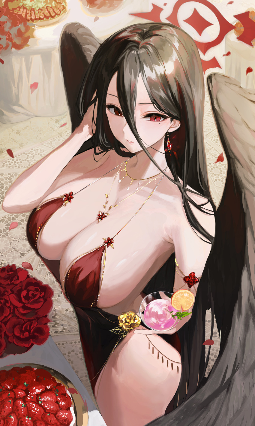 1girl absurdres black_choker black_hair black_wings blue_archive breasts choker cocktail_glass cup dress drinking_glass earrings egoswans evening_gown flower food from_above gold_necklace halo hasumi_(blue_archive) highres holding holding_cup jewelry large_breasts large_wings long_hair mole mole_under_eye necklace parted_lips plate red_dress red_eyes red_flower red_rose rose side_slit solo spaghetti_strap tray very_long_hair wings