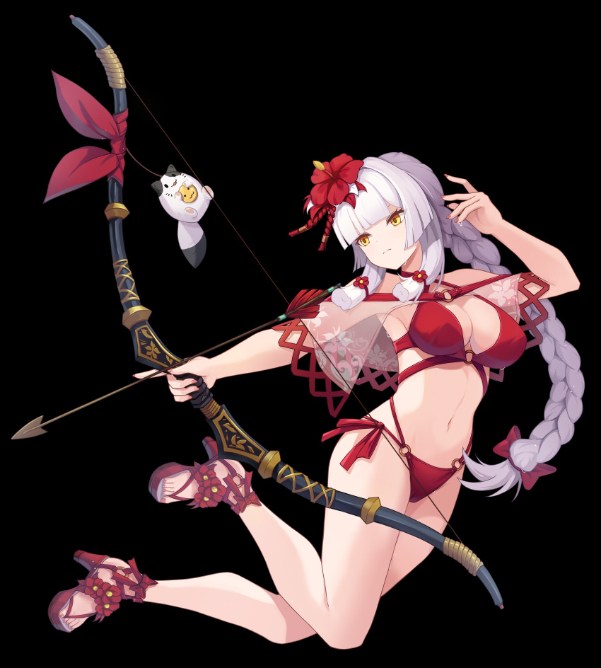 1girl absurdres arrow_(projectile) bikini black_background black_survival bow_(weapon) braid braided_ponytail breasts carritor cleavage eternal_return:_black_survival flower full_body hair_flower hair_ornament highres large_breasts long_hair minami_rio nail_polish navel official_alternate_costume red_bikini sandals simple_background solo swimsuit toes weapon white_hair yellow_eyes