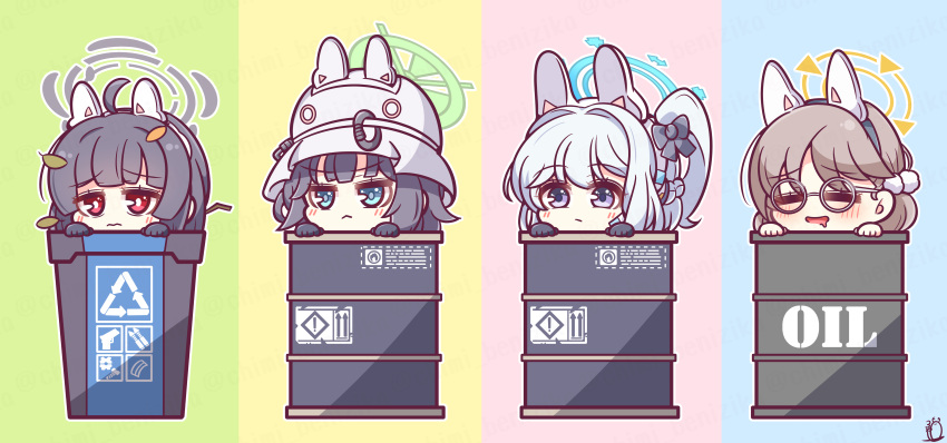 4girls absurdres ahoge animal_ears arrow_(symbol) benizika black_hair blue_archive blue_eyes blush bow brown_hair chibi closed_eyes closed_mouth combat_helmet commentary_request drum_(container) fake_animal_ears glasses gloves grey_hair hair_between_eyes hair_ornament hair_ribbon hairband halo hat helmet highres in_container in_trash_can leaf leaf_on_head light_brown_hair long_hair looking_at_viewer miyako_(blue_archive) miyu_(blue_archive) moe_(blue_archive) multiple_girls one_side_up parted_lips purple_eyes rabbit_ears recycle_bin recycling_symbol ribbon saki_(blue_archive) short_hair simple_background trash_can white_hair white_helmet