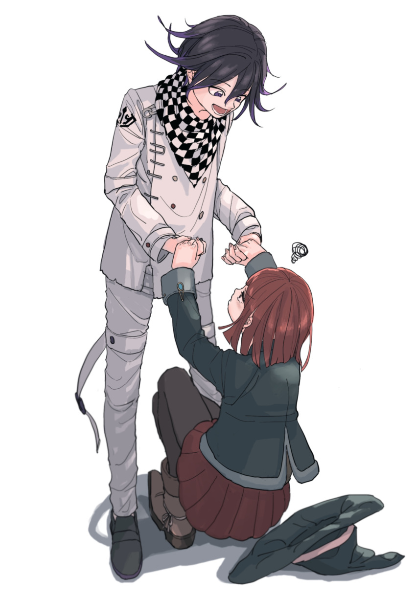 1boy 1girl :d black_hair black_headwear blush brown_footwear buttons checkered_clothes checkered_scarf danganronpa_(series) danganronpa_v3:_killing_harmony double-breasted eye_contact grey_background grey_pants hands_up hat highres holding_hands long_sleeves looking_at_another looking_down lower_teeth_only medium_hair miniskirt multicolored_hair oma_kokichi pants pleated_skirt purple_hair red_hair red_skirt scarf short_hair simple_background skirt smile squatting squiggle standing teeth tongue two-tone_hair witch_hat yoshie_(komaneko0007) yumeno_himiko