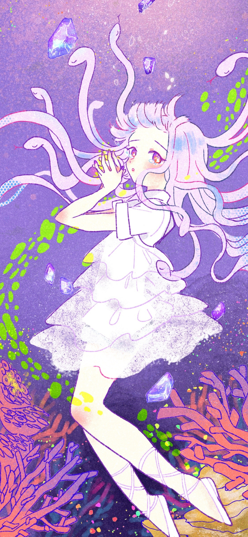 1girl absurdres ballet_slippers blush coral crystal dress elbow_blush highres long_hair open_mouth original pekikokko purple_background purple_hair red_eyes short_sleeves snake_hair solo tears white_dress white_footwear