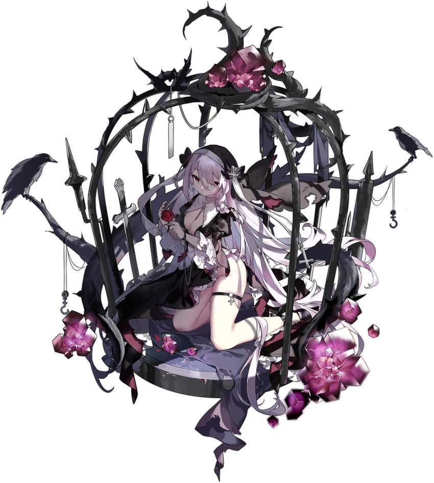 1girl bird black_dress black_footwear braid breasts cage cross crow crystal dress flower hair_between_eyes hair_over_one_eye highres holding holding_flower hook light_purple_hair long_hair no_panties non-web_source official_art red_eyes red_flower red_rose ribbon rose single_braid solo thigh_strap thorns torn transparent_background very_long_hair vestal_(meta)_(azur_lane) white_ribbon