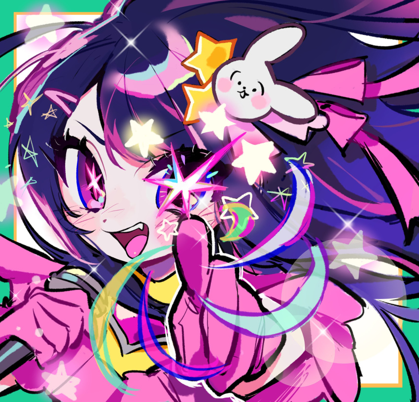 1girl absurdres dress gloves hair_ornament highres hoshino_ai_(oshi_no_ko) idol kerberos_(kerbe_) long_hair looking_at_viewer multicolored_hair open_mouth oshi_no_ko pink_dress pink_eyes pink_gloves purple_eyes purple_hair rabbit_hair_ornament smile solo star-shaped_pupils star_(symbol) star_in_eye symbol-shaped_pupils symbol_in_eye