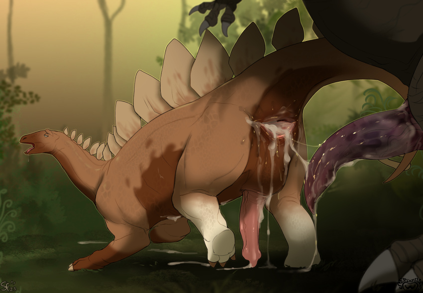 2023 after_anal after_sex animal_genitalia animal_penis anus big_penis bipedal_feral bodily_fluids brown_body butt claws cum cum_in_ass cum_inside cum_on_own_penis cum_on_penis cum_on_self digital_media_(artwork) dinosaur duo erection feral feral_on_feral gaping gaping_anus genital_fluids genitals interspecies larger_male male male/male multicolored_body open_mouth ornithischian outside penis pig_(artist) quadruped reptile scalie size_difference smaller_male stegosaurian stegosaurus theropod thyreophoran toe_claws tyrannosaurid tyrannosaurus tyrannosaurus_rex white_body