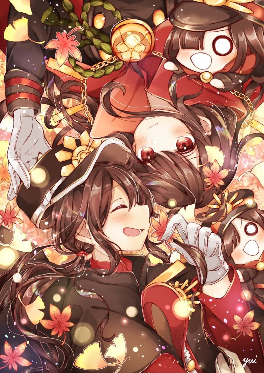 1girl autumn autumn_leaves black_cape brother_and_sister cape closed_mouth fate/grand_order fate_(series) gloves hat hi_(wshw5728) highres long_hair long_sleeves medallion military_hat oda_nobukatsu_(fate) oda_nobunaga_(fate) oda_nobunaga_(koha-ace) oda_uri open_mouth peaked_cap red_cape red_eyes siblings sidelocks sideways_mouth smile very_long_hair