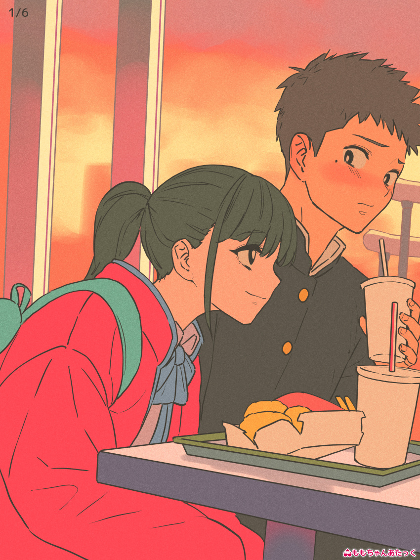 1boy 1girl absurdres backpack bag black_hair blush boyfriend_(yoru_mac) brown_hair cup disposable_cup fast_food gakuran girlfriend_(yoru_mac) highres holding holding_cup indoors jacket looking_at_another mcdonald's mole mole_under_eye momo-chan_atakku red_jacket school_uniform sunset yoru_mac