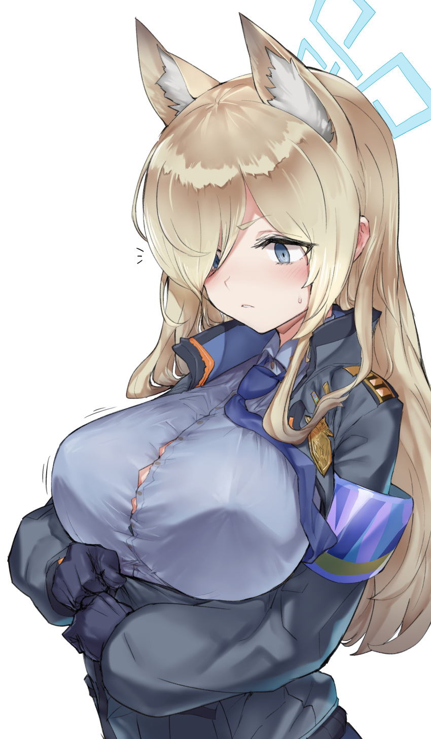 1girl absurdres animal_ear_fluff animal_ears armband black_gloves blonde_hair blue_archive blue_armband blue_eyes blue_halo blue_shirt blush breasts dog_ears extra_ears gloves hair_over_one_eye halo highres jacket kanna_(blue_archive) large_breasts long_hair long_sleeves necktie notched_ear pinero police police_badge police_uniform policewoman shirt simple_background solo sweatdrop undersized_clothes uniform