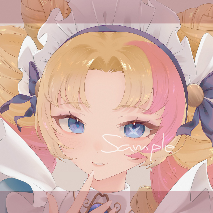 1girl absurdres blonde_hair blue_bow blue_eyes bow cafe_cuties_gwen cone_hair_bun gem grin gwen_(league_of_legends) hair_bun hand_up highres league_of_legends maid_headdress mettyon multicolored_hair official_alternate_costume official_alternate_hairstyle parted_bangs pink_hair smile teeth two-tone_hair