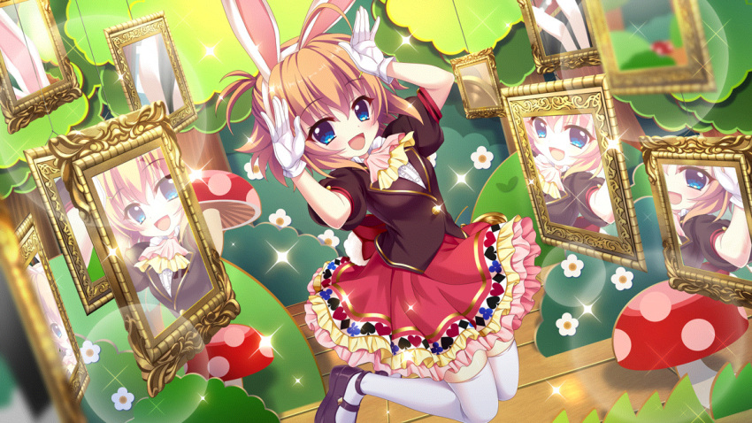 1girl :d ahoge alice_in_wonderland animal_ears ascot black_footwear blue_eyes brown_suit bush cardboard_cutout club_(shape) cosplay diamond_(shape) dot_nose dutch_angle fake_animal_ears film_grain flower game_cg gloves heart izumi_tsubasu jumping lens_flare looking_at_viewer mary_janes multiple_reflections mushroom non-web_source official_art open_mouth orange_hair pink_ascot rabbit_ears rabbit_pose re:stage! red_skirt reflection shikimiya_mana shoes short_hair short_sleeves skirt smile spade_(shape) sparkle stage suit suit_jacket thighhighs tree white_flower white_gloves white_rabbit_(alice_in_wonderland) white_rabbit_(alice_in_wonderland)_(cosplay) white_thighhighs wire wooden_floor yellow_ascot zettai_ryouiki